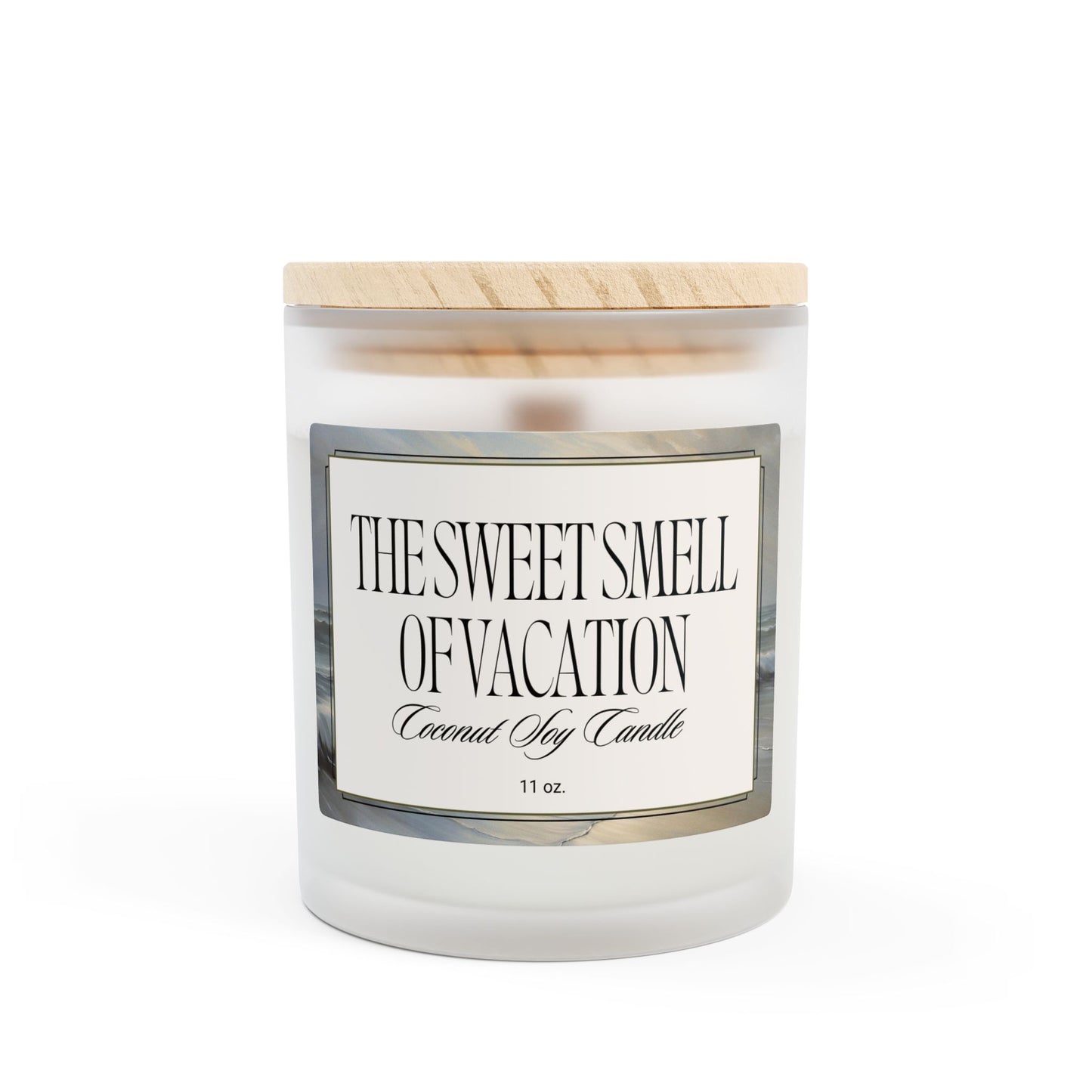 Artisanal Coconut Soy Frosted Glass Candle with Wooden Wick and Raw Maple Lid 11 oz Hand Poured Ocean Beachy Vacation Candle 50 hr burn time