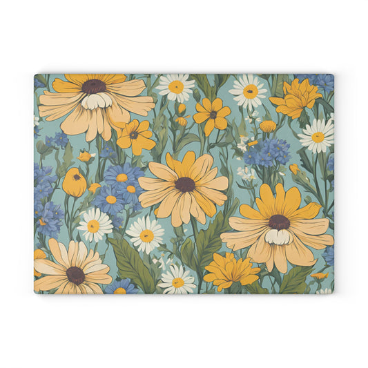 Kitchen Decor Glass Cutting Board Serving Tray with Daisy Flower Design Cutting Board Gift for Home Cook Charcuterie Board