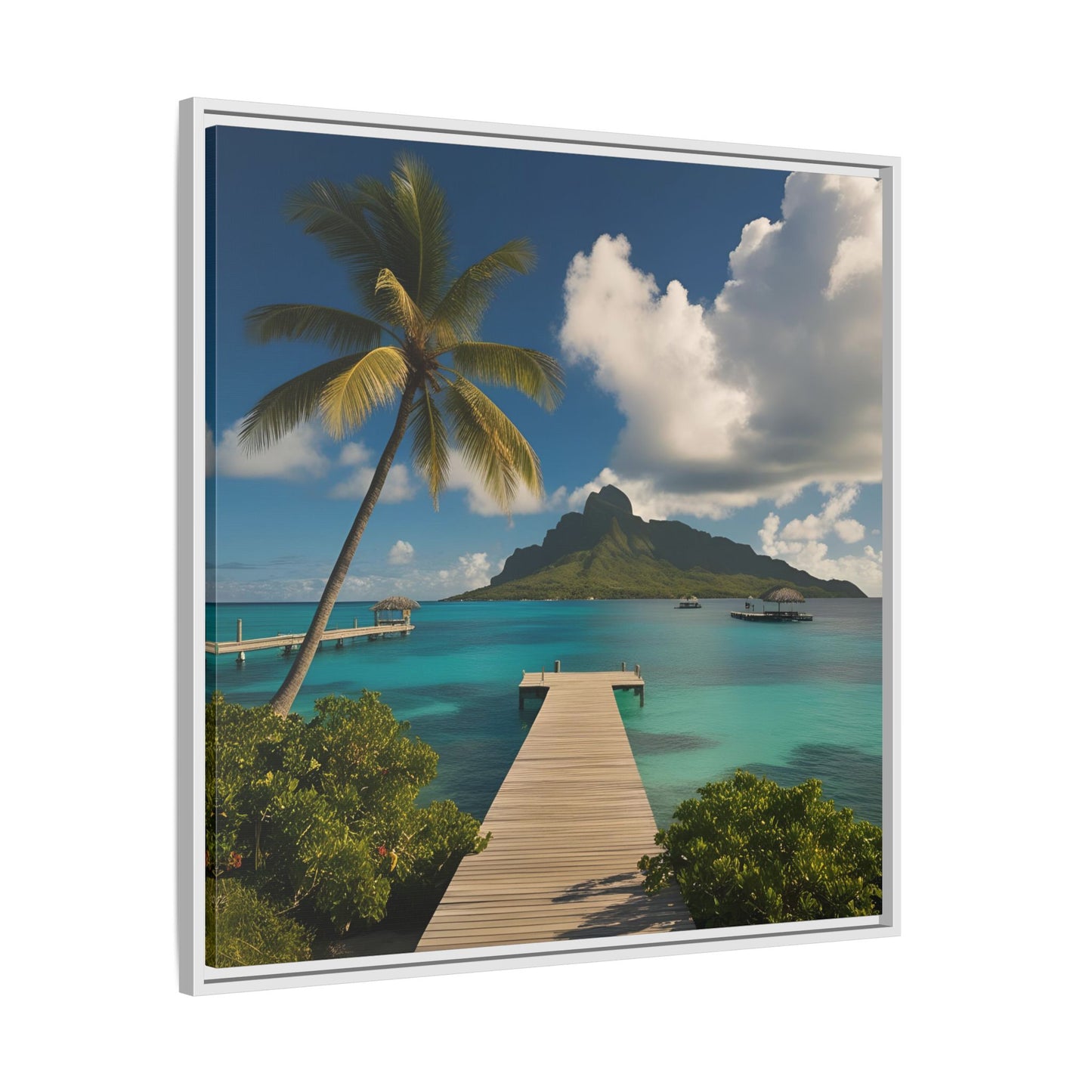 Tropical Island Calm Sunny Day Framed Canvas Wall Art Volcano Beach Vacation Oceanic Gift Nature Lover Peaceful Zen Gift 3 frame colors