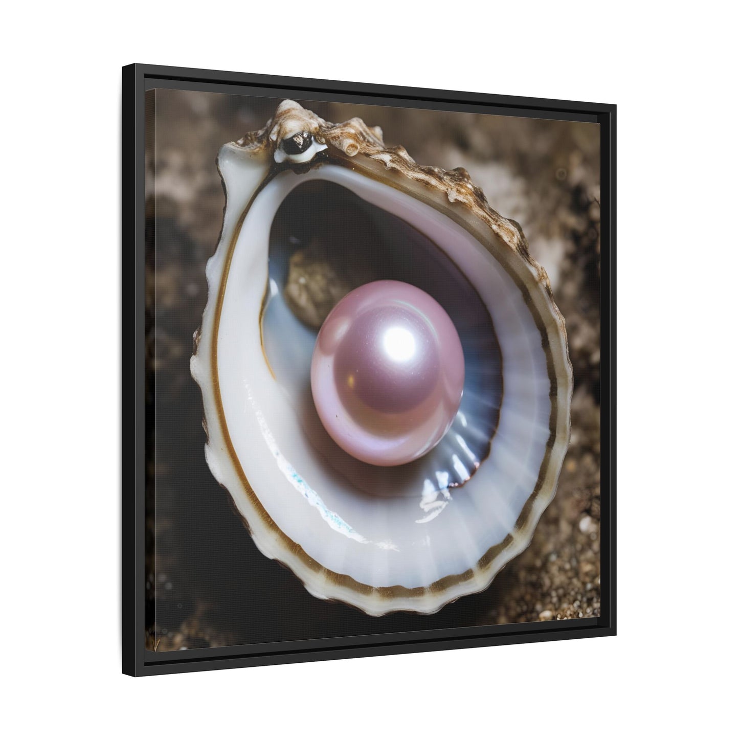 Pink Pearl in Oyster Shell Framed Canvas Wall Art Beach Lover Vacation Oceanic Gift Nature Lover Peaceful Zen Gift 3 frame colors