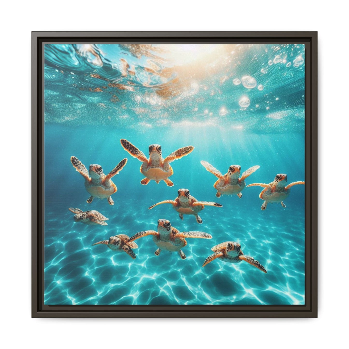 Baby Sea Turtles Out for a Swim Framed Canvas Wall Art Beach Lover Vacation Oceanic Gift Nature Lover Peaceful Zen Gift 3 frame colors