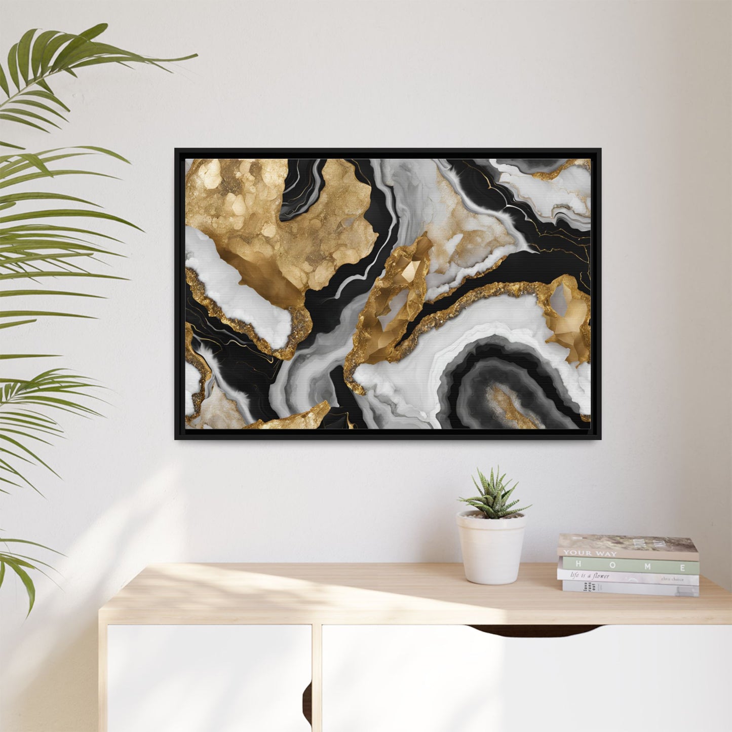 Black White and Gold Quartz Crystal Geode Design Print Matte Canvas Wall Art Nature Lover Gift Geology Rock Lover Gift 3 frame color choices