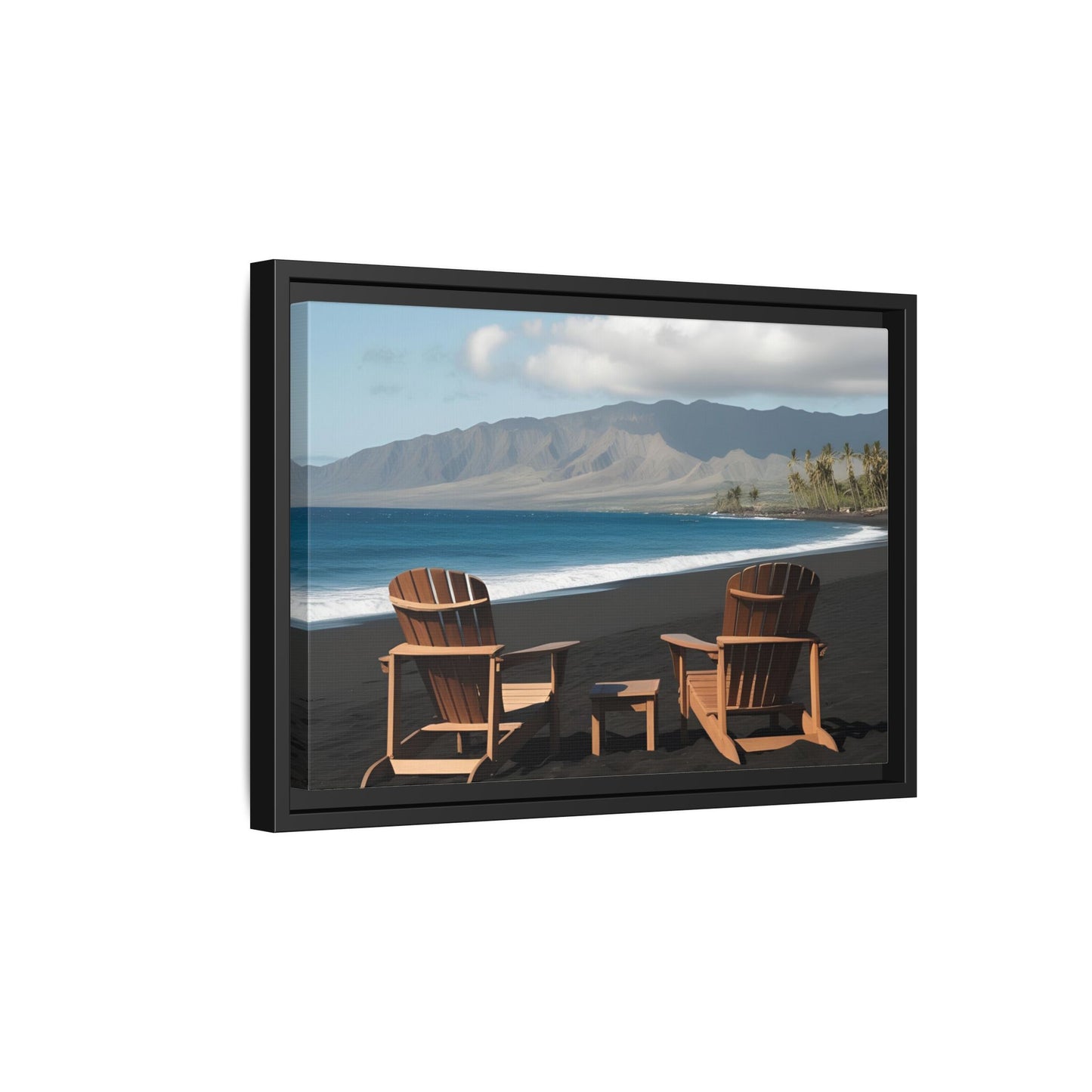 Chairs on the Maui Black Sand Beach Print Unique Framed Canvas Print Wall Art Gift Beachy Nature Lover Ocean Waves Decor 3 frame colors