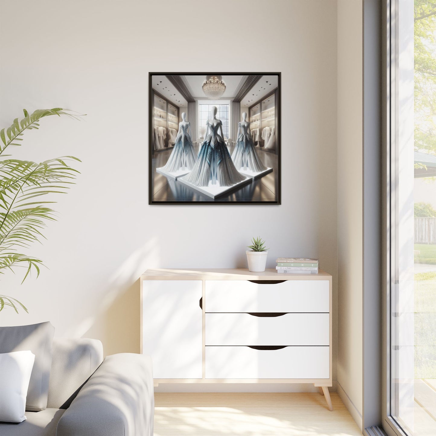 Futuristic Bodycon Runway Dress Framed Canvas Print Wall Art Unique Fashion Designer Style Haute Couture Fashionista Gift 3 Frame Colors
