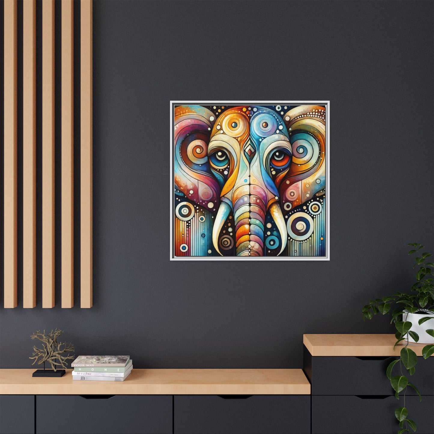 Modern Elephant Face Print Abstract Design Unique Framed Canvas Print African Wall Art Animal Lover Nature Lover Decor 3 frame colors