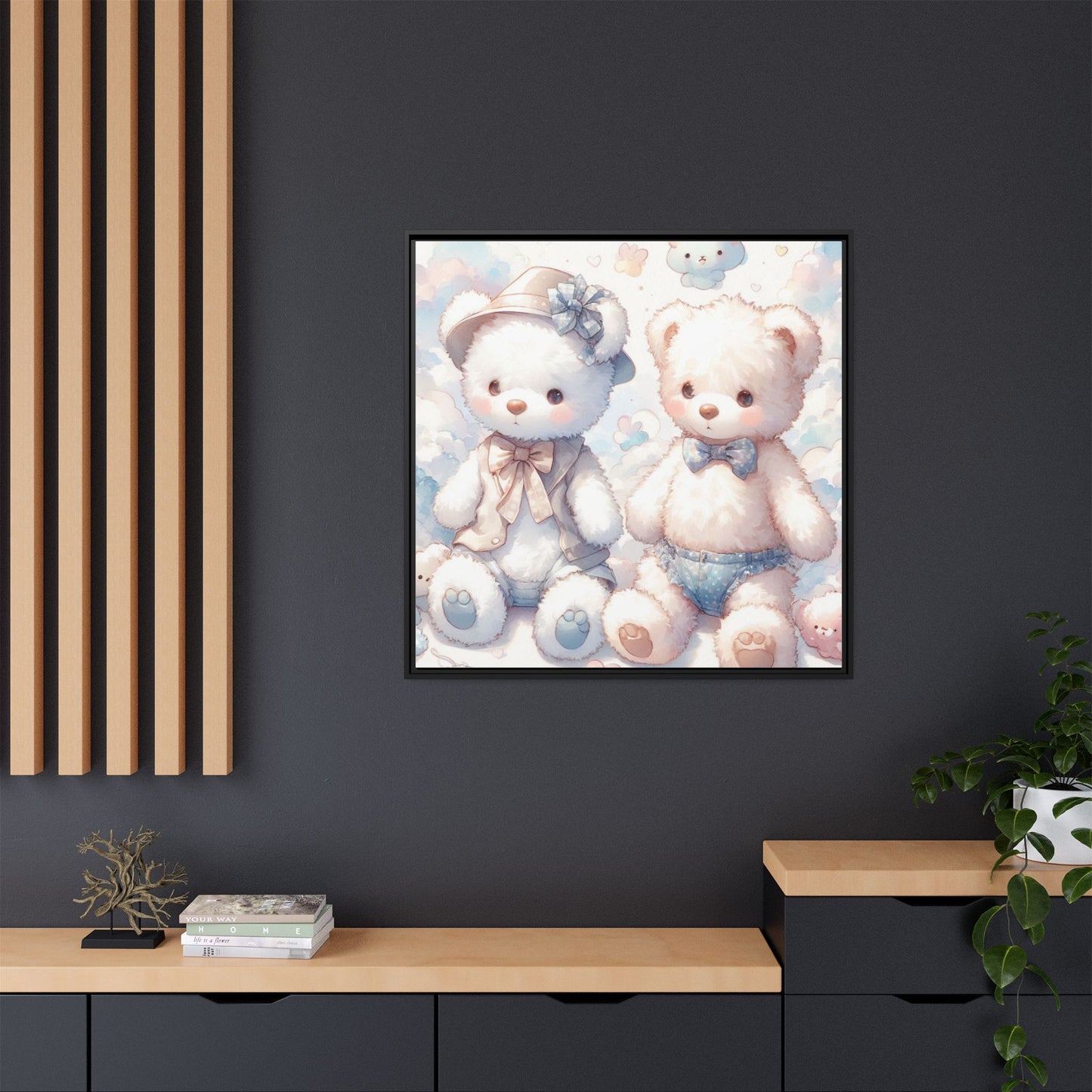 Whimsical Nursery Decor Pastel Floral Teddy Bear Design Wall Art Unique Sweet Baby Room Framed Canvas Print Unisex Baby Shower Gift