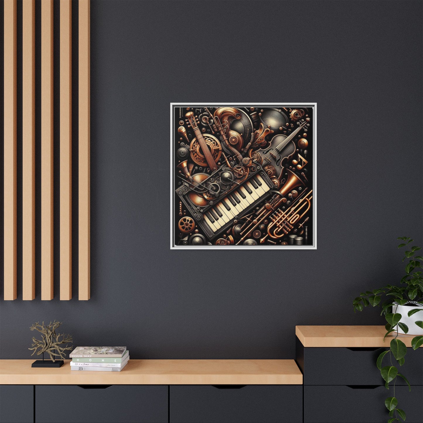 Modern Music-Themed Steampunk Style Print Abstract Design Unique Framed Canvas Print Wall Art Music Lover Gift Decor 3 frame colors