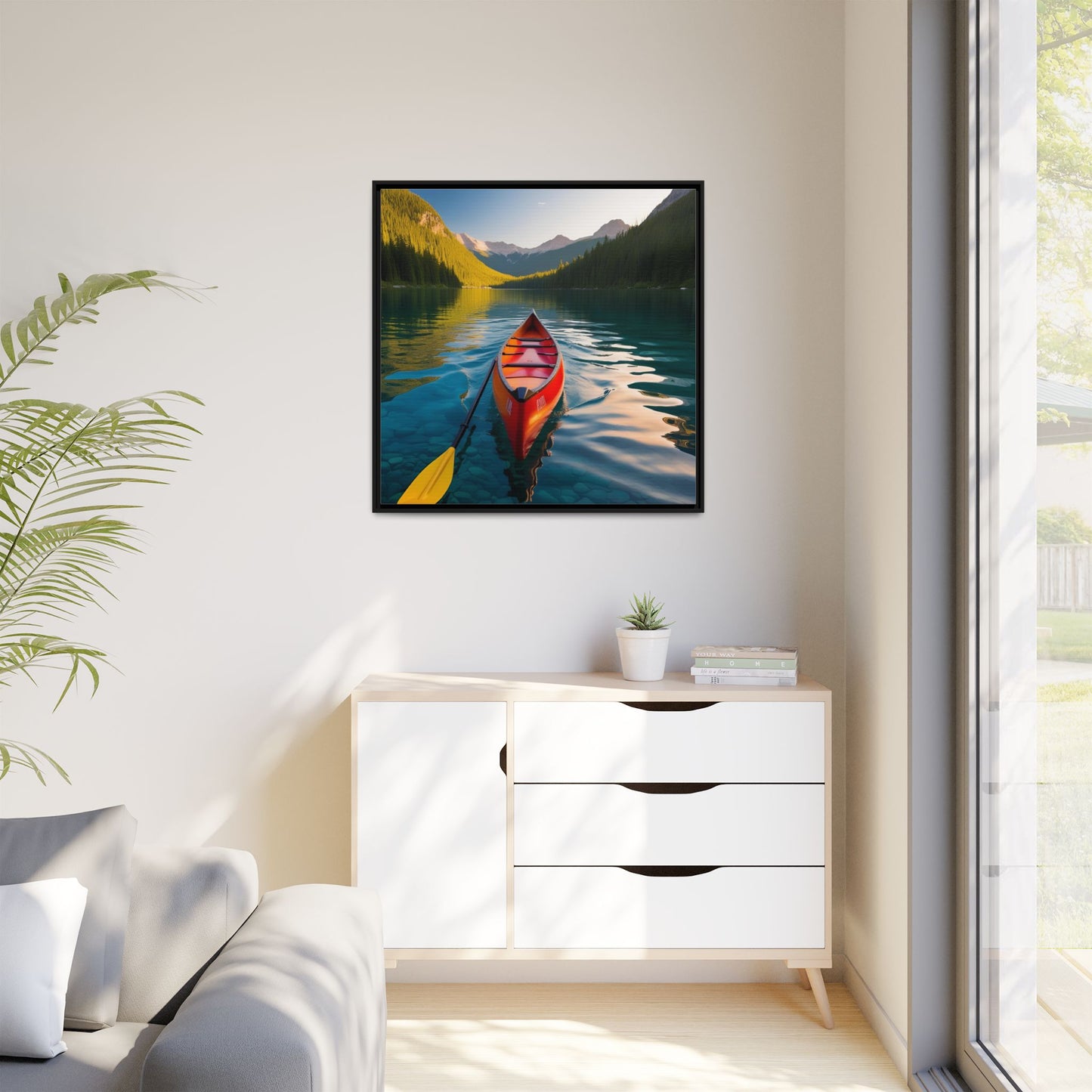 Canoe in the River Framed Canvas Wall Art Mountain Lover Outdoorsman Vacation Kayak Gift Nature Lover Peaceful Zen Gift 3 frame colors