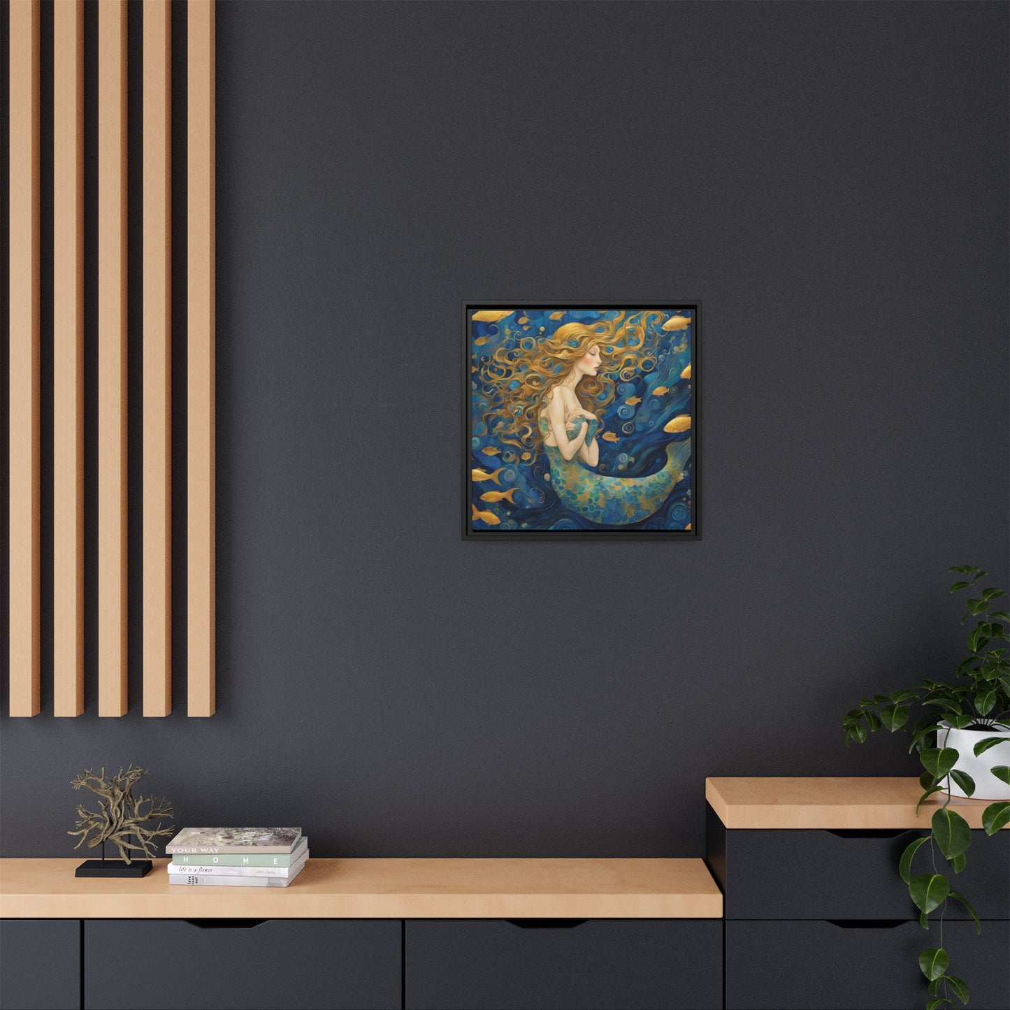 Modern Abstract Mermaid Design Unique Framed Canvas Oceanic Wall Art Underwater Gold Fish Anime Gift Nature Lover Gift 3 frame colors