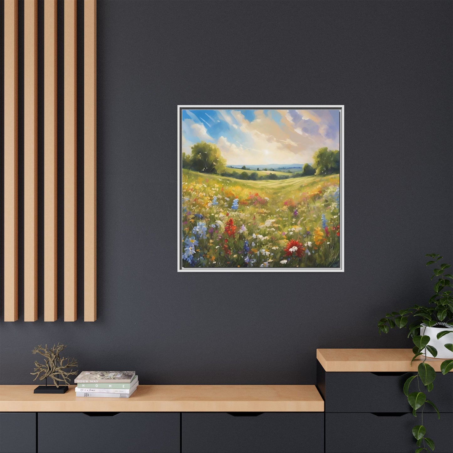 Modern Filed of Flowers Design Unique Framed Canvas Wall Art Gift Nature Lover Landscape Decor Gift 3 frame colors