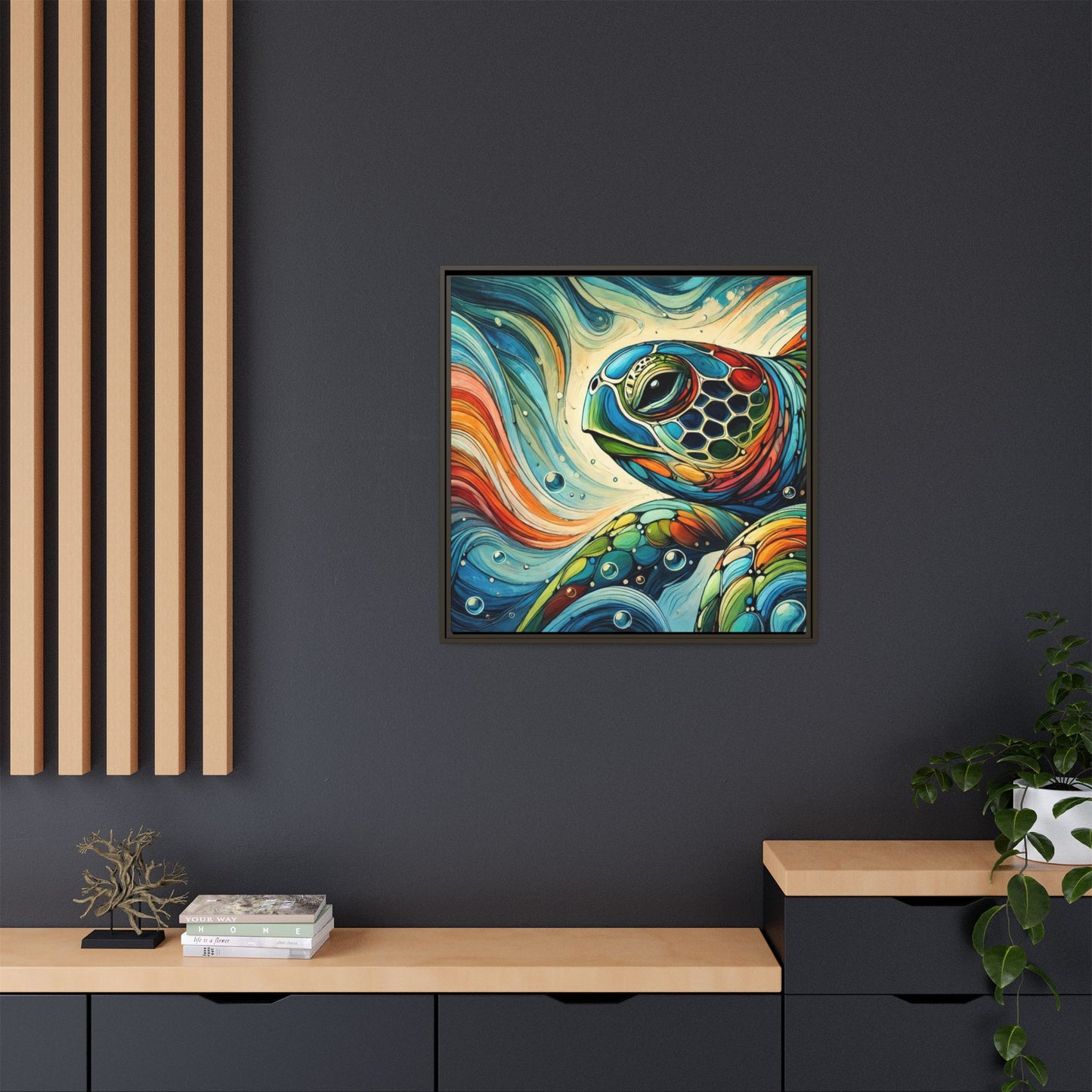 Modern Sea Turtle Print Abstract Design Unique Framed Canvas Print Oceanic Wall Art Animal Lover Gift Nature Lover Decor 3 frame colors