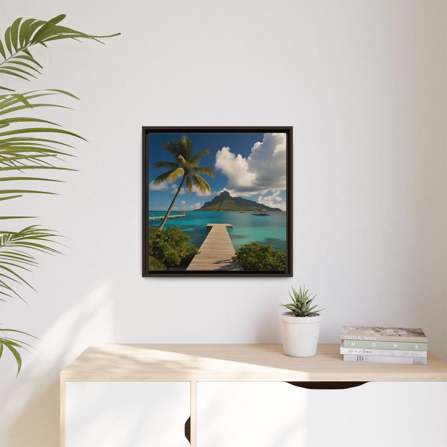 Tropical Island Calm Sunny Day Framed Canvas Wall Art Volcano Beach Vacation Oceanic Gift Nature Lover Peaceful Zen Gift 3 frame colors