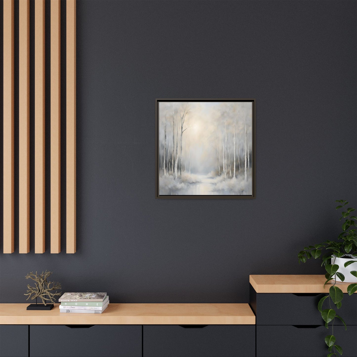Modern Abstract White Forest Design Unique Framed Canvas Wall Art Ocean Beach Gift Nature Lover Gift 3 frame colors