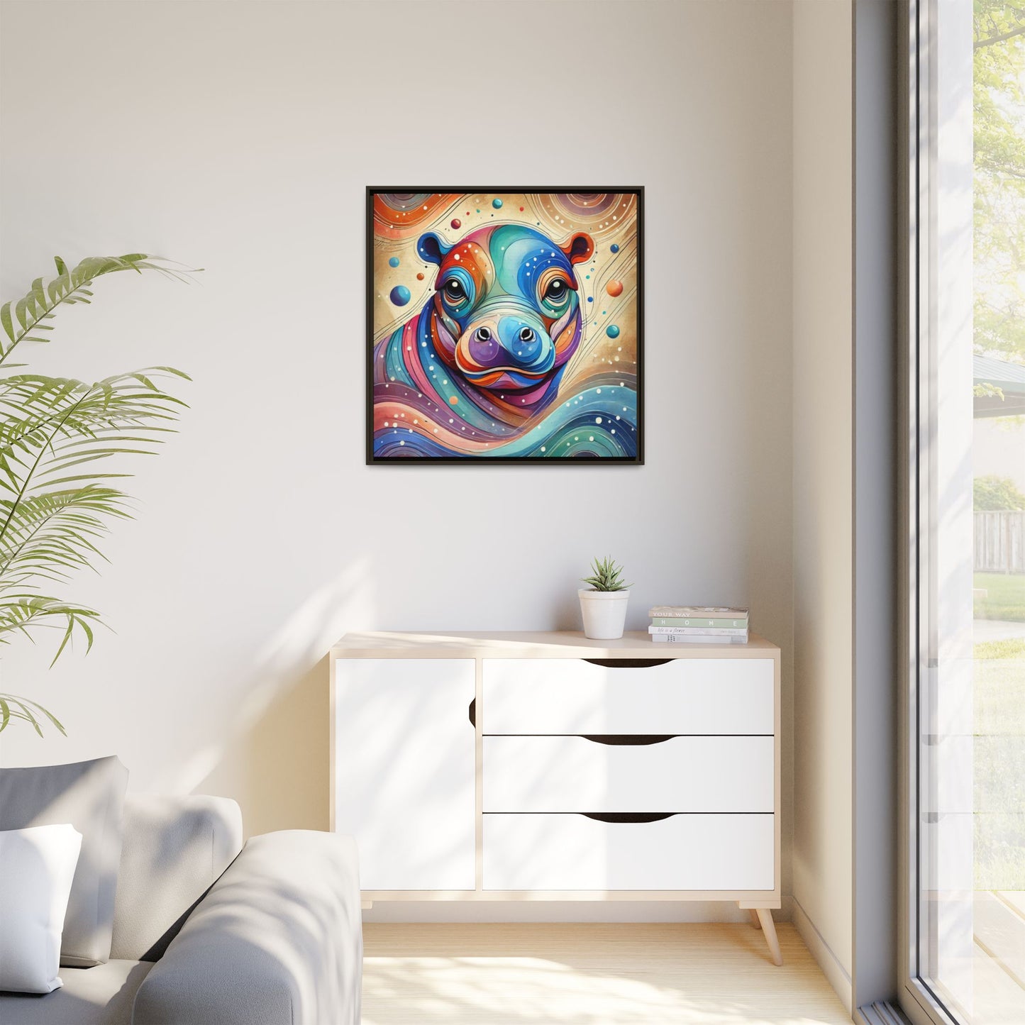 Modern Hippo Print Abstract Design Unique Framed Canvas Print Baby Hippo Wall Art Animal Lover Gift Nature Lover Decor 3 frame colors