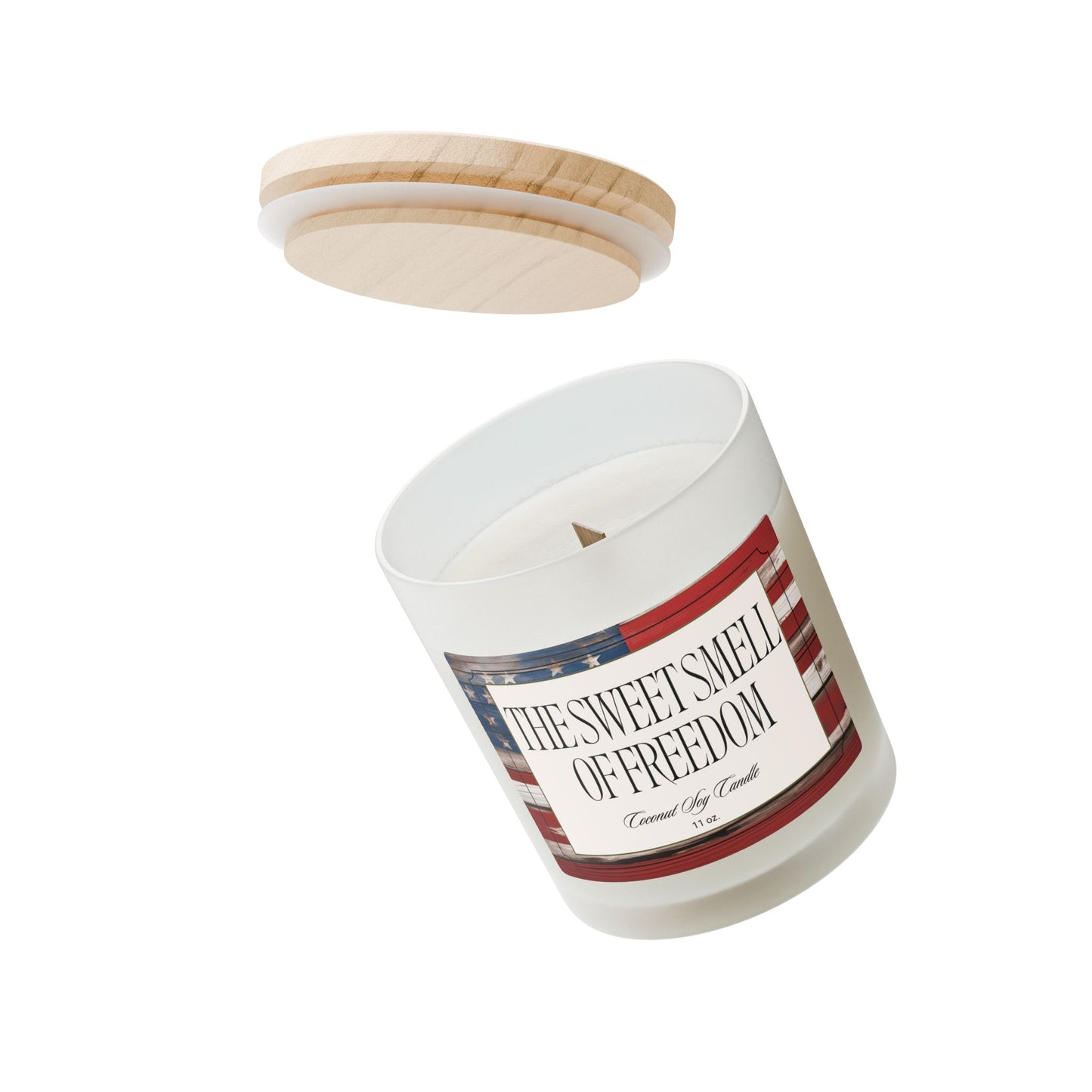 Artisanal Coconut Soy Frosted Glass Candle with Wooden Wick and Raw Maple Lid 11 oz Hand Poured Patriotic Flag Candle Americana Gift
