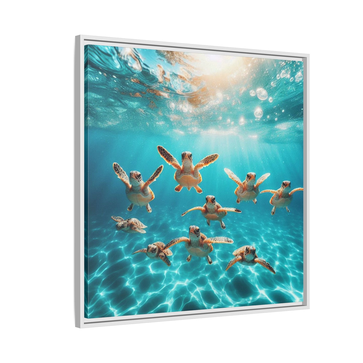 Baby Sea Turtles Out for a Swim Framed Canvas Wall Art Beach Lover Vacation Oceanic Gift Nature Lover Peaceful Zen Gift 3 frame colors