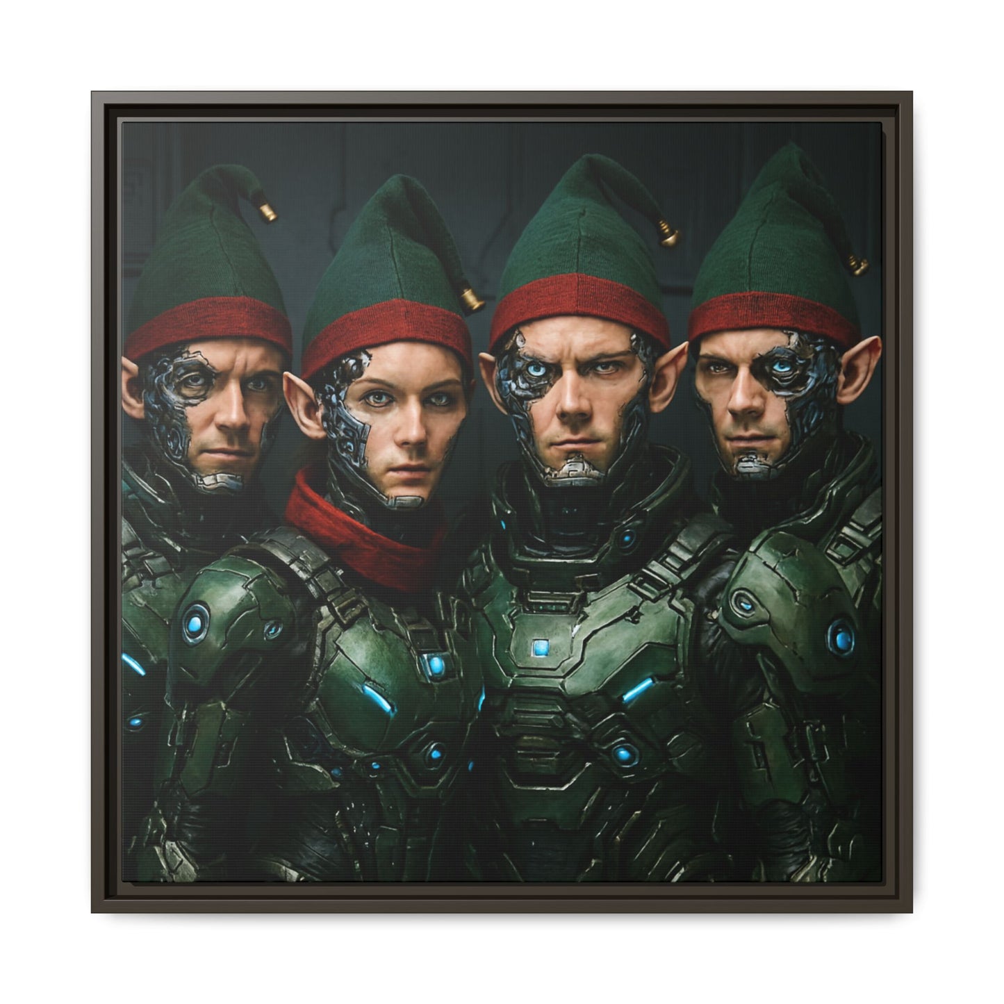 Cyber-Elves Print Modern AI Elf Design Unique Framed Canvas Sci-Fi Print Funny Christmas Elf Wall Art Gamer Gift Decor 3 frame colors