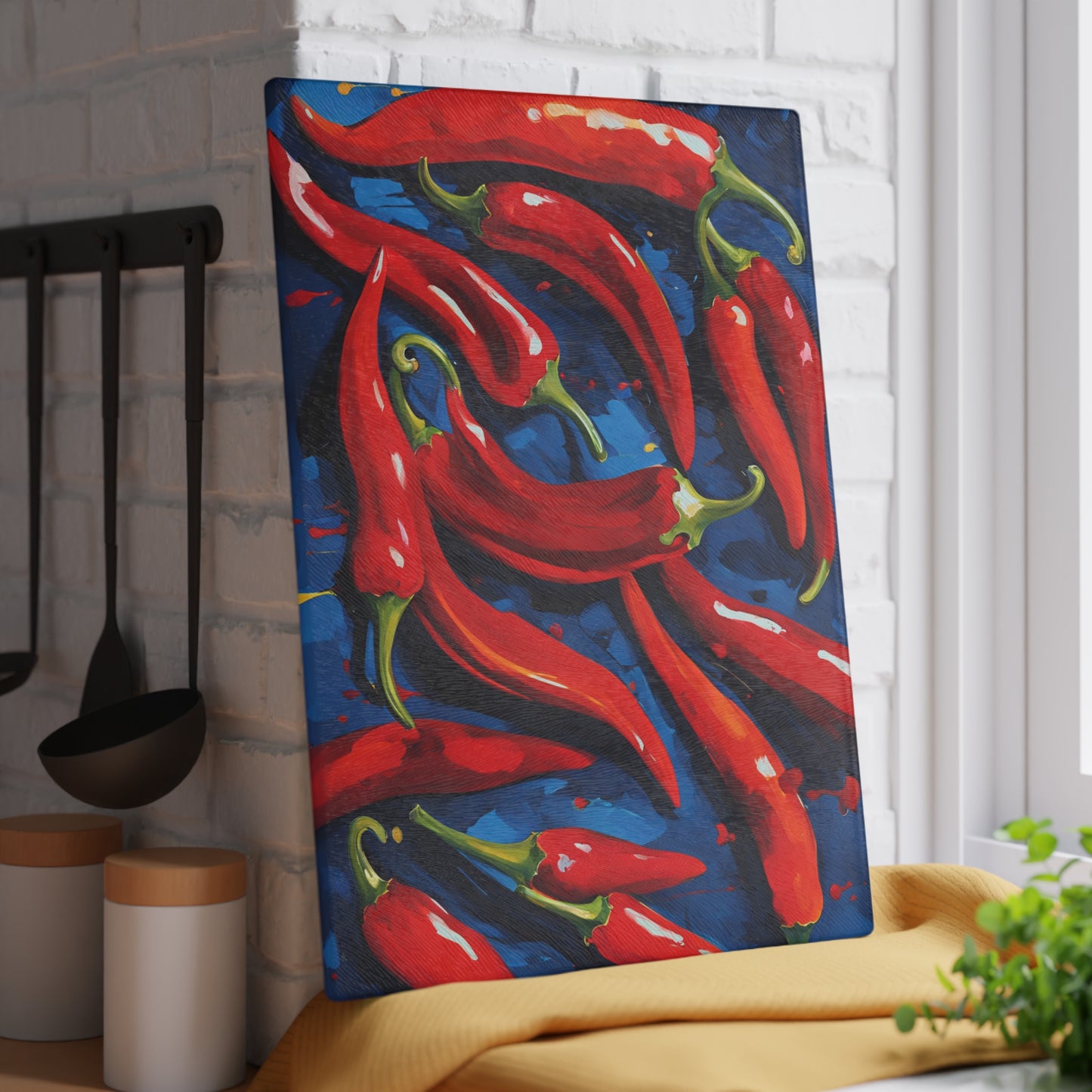 Kitchen Decor Glass Cutting Board Serving Tray with Red Hot Chili Peppers Pattern Cutting Board Gift for Home Cook Charcuterie Board