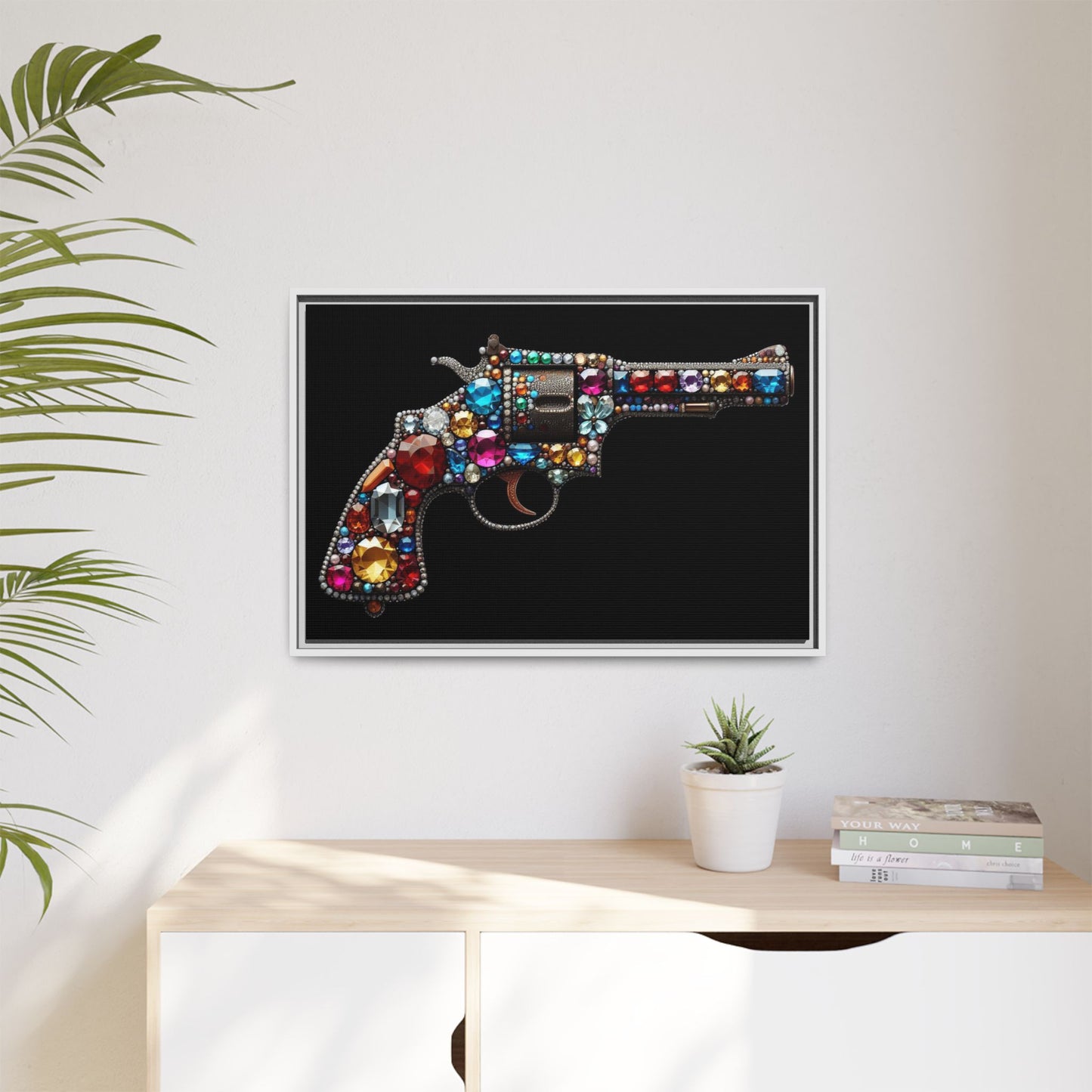 Bejeweled Revolver Print AI Design Unique Framed Canvas Print Wall Art Gun Lover Gift Edgy Glam Fantasy Weapon Decor 3 frame colors