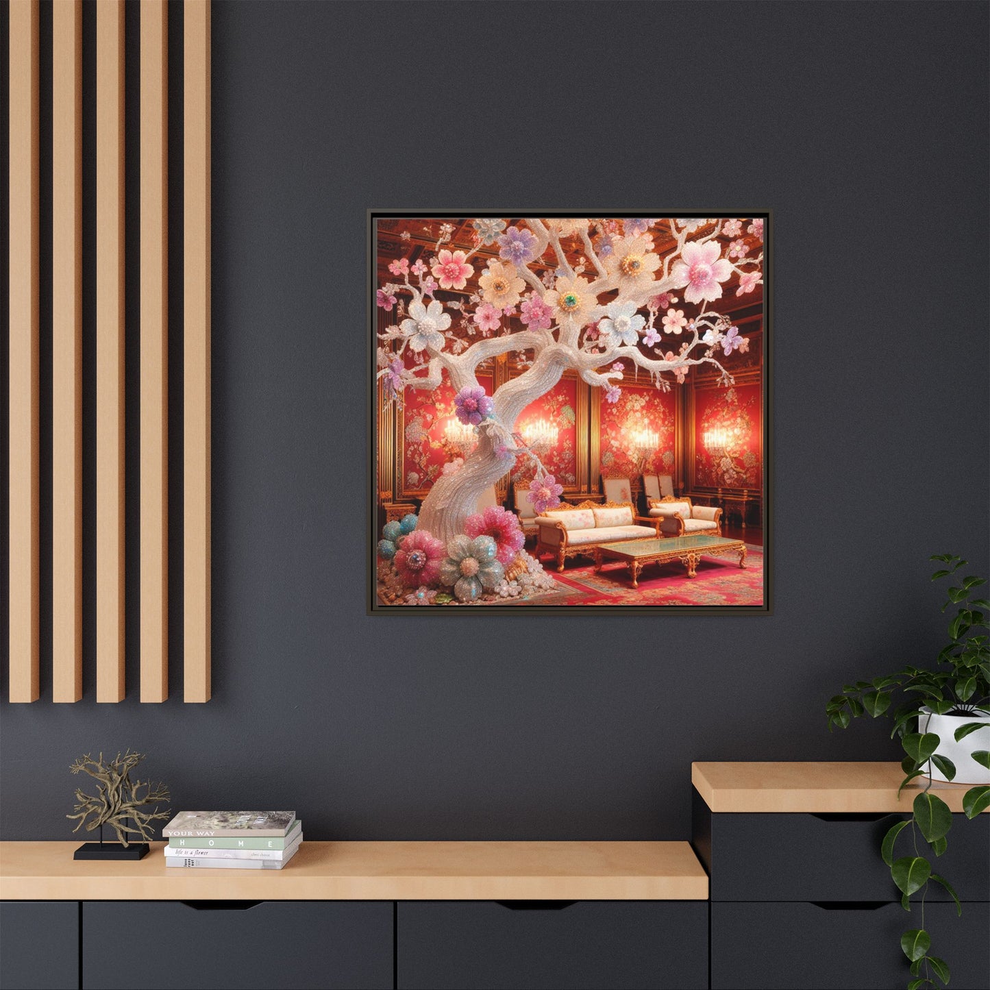 Bejeweled Bonzai Tree Framed Canvas Print Wall Art Unique Nature Lover Asian Art Gift Decor 3 Frame Colors