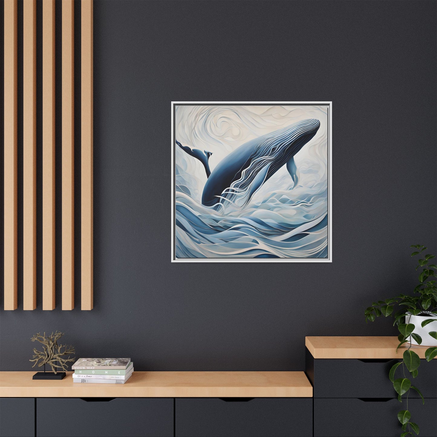 Modern Abstract Whale Wave Design Unique Framed Canvas Wall Art Ocean Beach Gift Nature Lover Gift Underwater Sea Lover Gift 3 frame colors