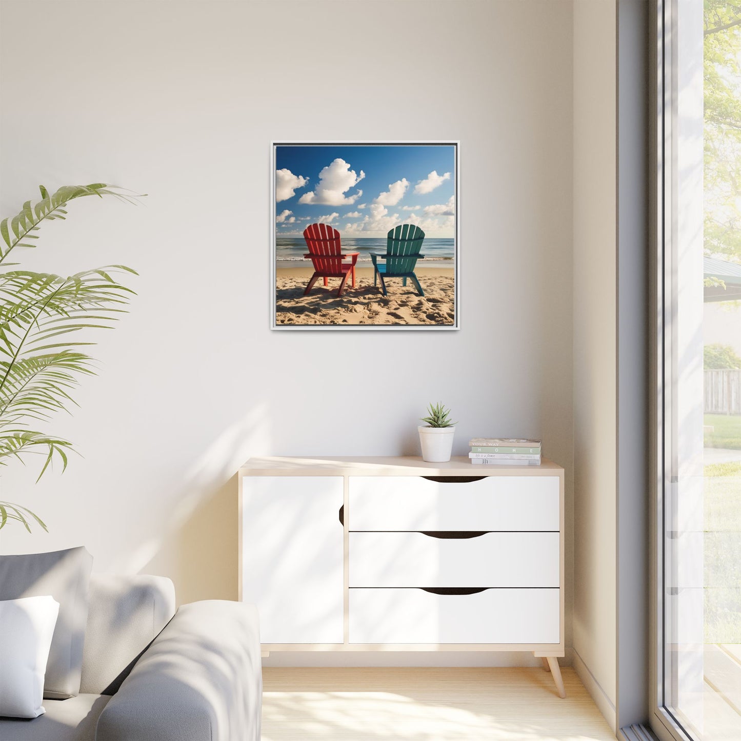 Chairs on the Beach Calm Sunny Day Framed Canvas Wall Art Beach Lover Vacation Oceanic Gift Nature Lover Peaceful Zen Gift 3 frame colors