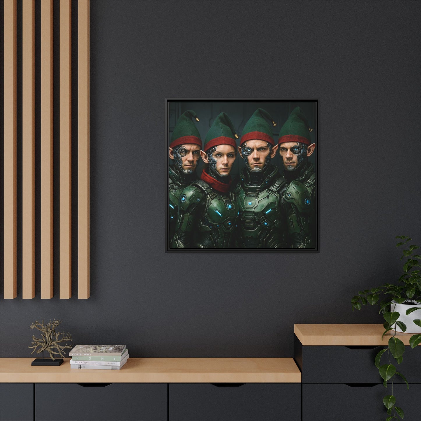 Cyber-Elves Print Modern AI Elf Design Unique Framed Canvas Sci-Fi Print Funny Christmas Elf Wall Art Gamer Gift Decor 3 frame colors