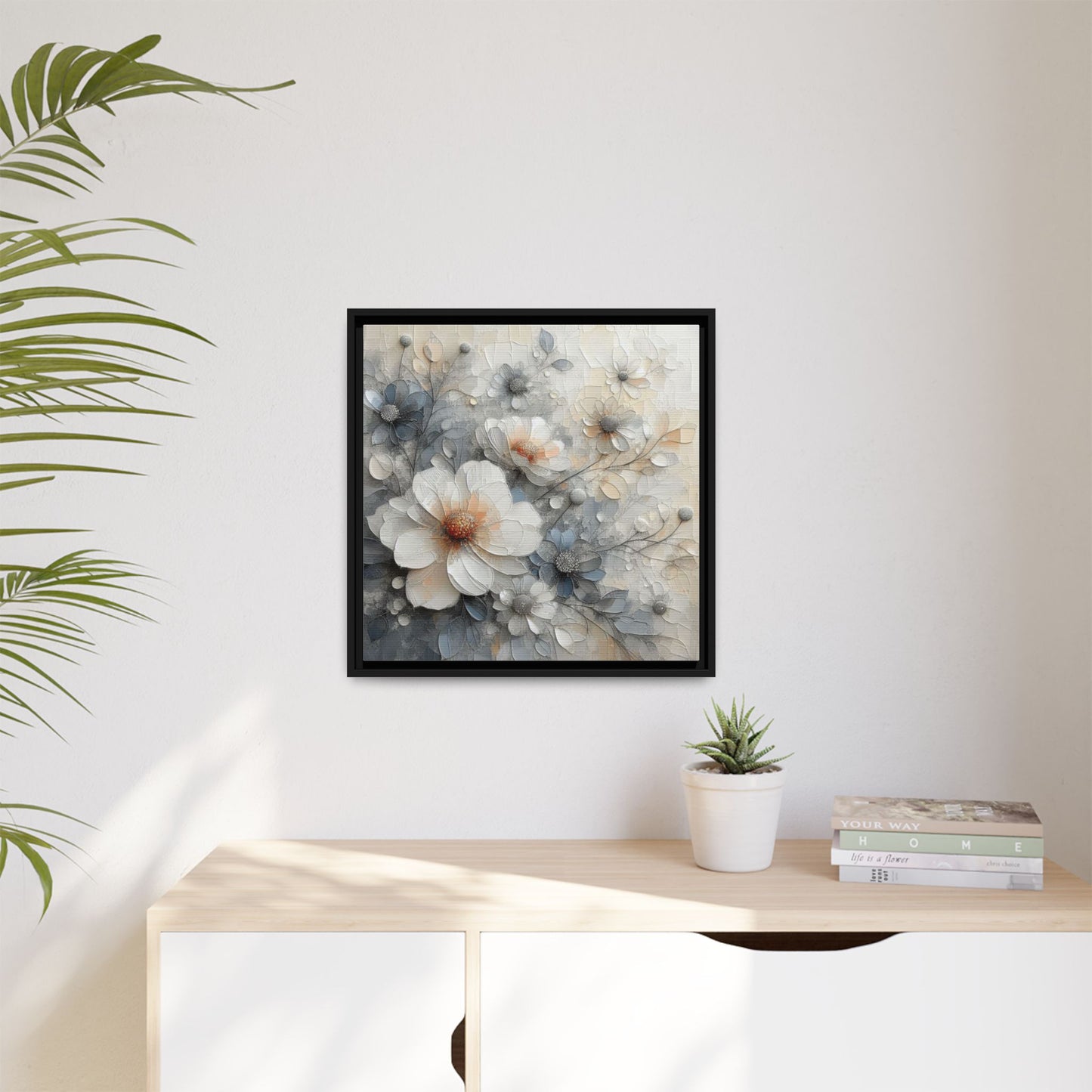 Modern Grey and White Floral Design Unique Framed Canvas Wall Art Flower Lover Gift Nature Lover Gift 3 frame colors