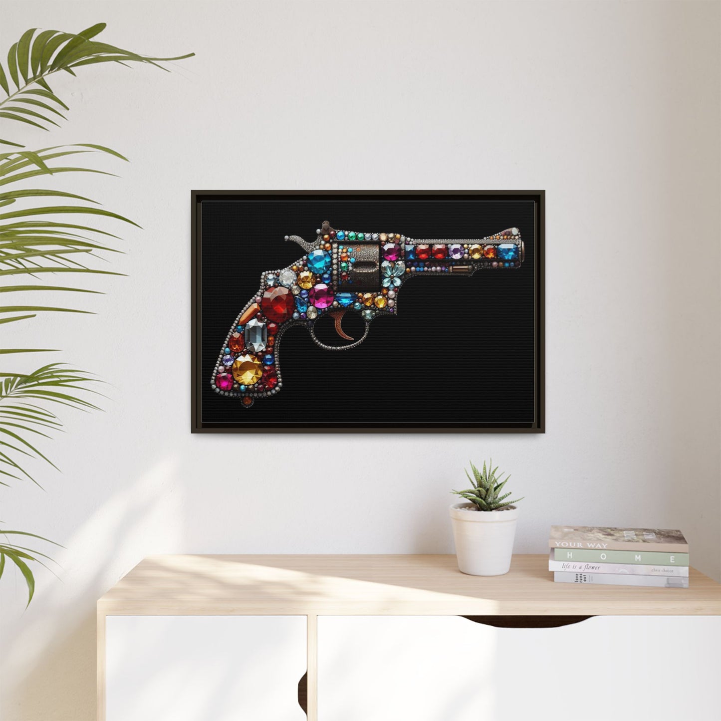 Bejeweled Revolver Print AI Design Unique Framed Canvas Print Wall Art Gun Lover Gift Edgy Glam Fantasy Weapon Decor 3 frame colors