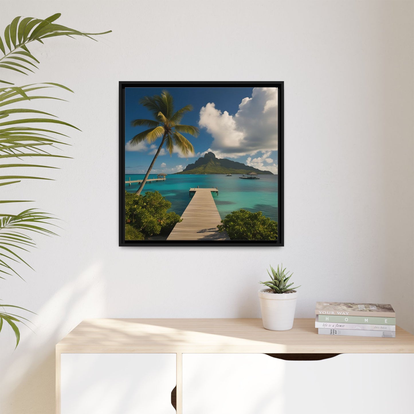 Tropical Island Calm Sunny Day Framed Canvas Wall Art Volcano Beach Vacation Oceanic Gift Nature Lover Peaceful Zen Gift 3 frame colors