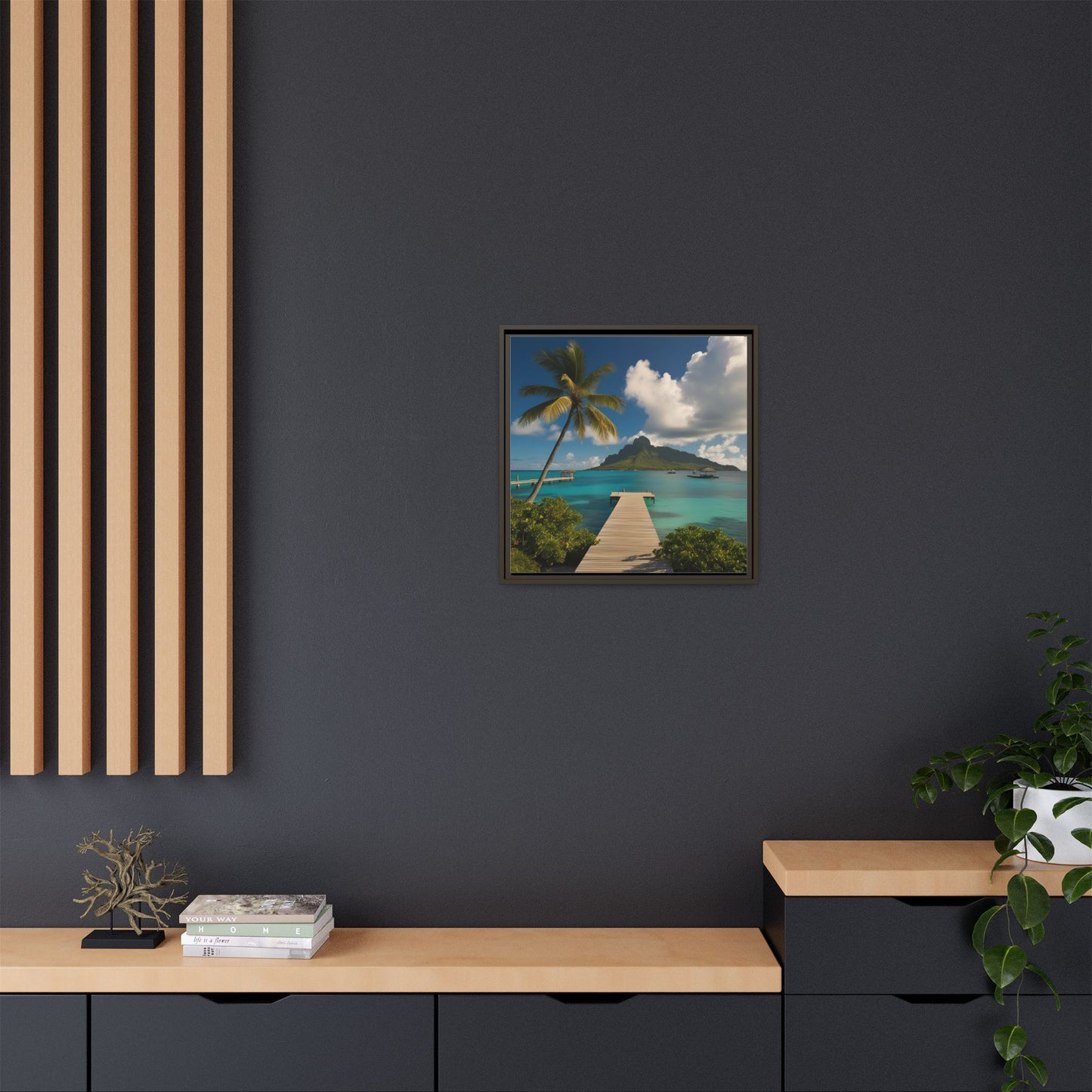 Tropical Island Calm Sunny Day Framed Canvas Wall Art Volcano Beach Vacation Oceanic Gift Nature Lover Peaceful Zen Gift 3 frame colors