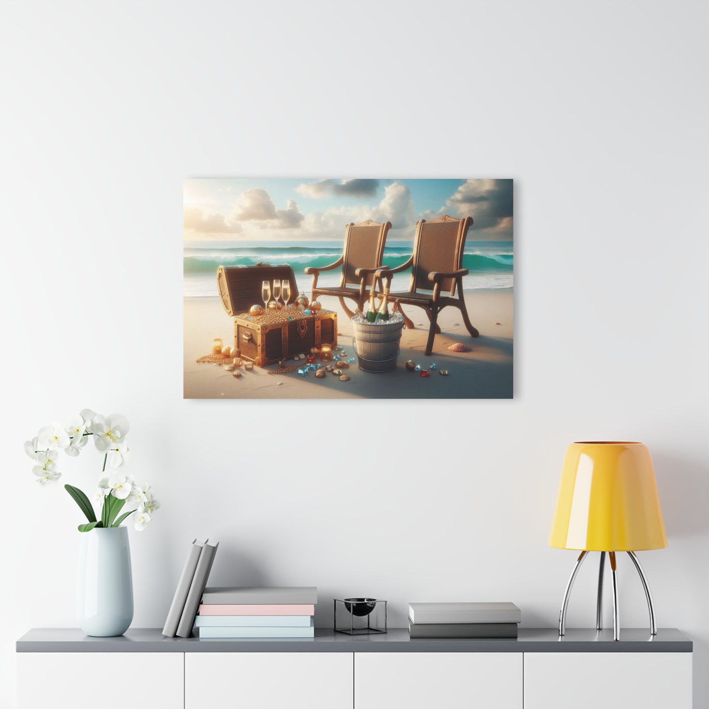 Chairs on the Beach with Pirate's Treasure Acrylic Print with French Cleat Ocean Lover Wall Art Beachy Gift Artwork Modern Home Decor