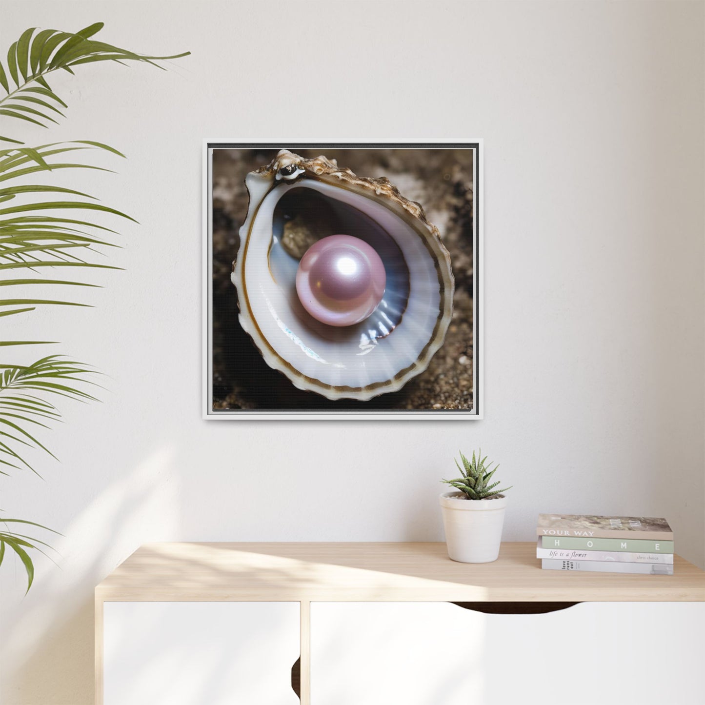 Pink Pearl in Oyster Shell Framed Canvas Wall Art Beach Lover Vacation Oceanic Gift Nature Lover Peaceful Zen Gift 3 frame colors