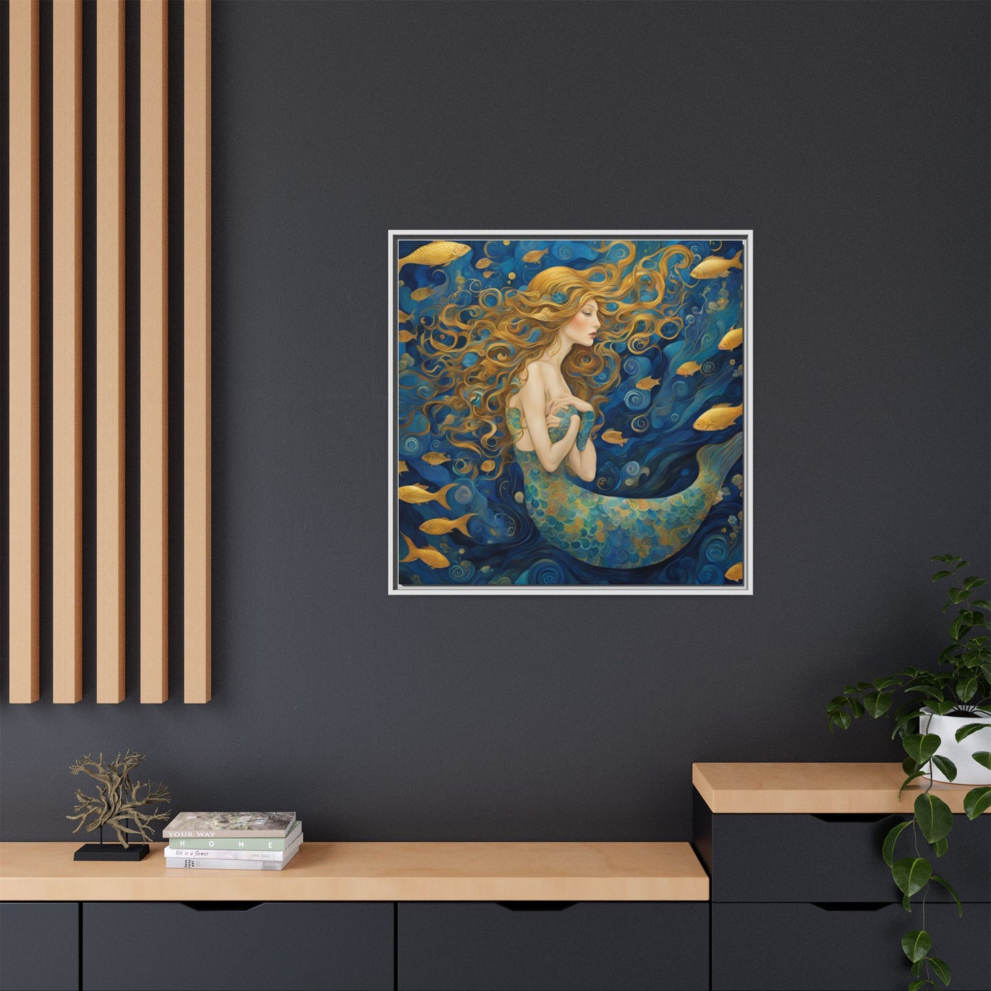 Modern Abstract Mermaid Design Unique Framed Canvas Oceanic Wall Art Underwater Gold Fish Anime Gift Nature Lover Gift 3 frame colors