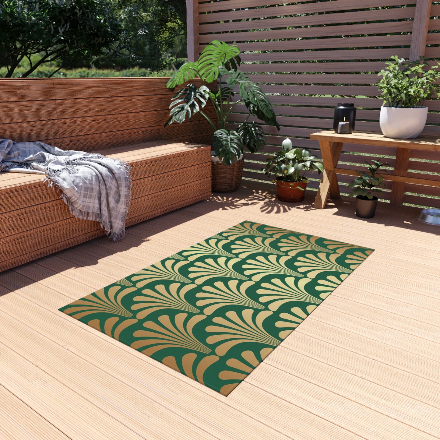 Chenille Outdoor Rug with No-Skid Backing Cozy Green and Gold Outdoor Carpet Patio Decor Gazebo Rug Pool Area Decor Outdoor Kitchen Rug