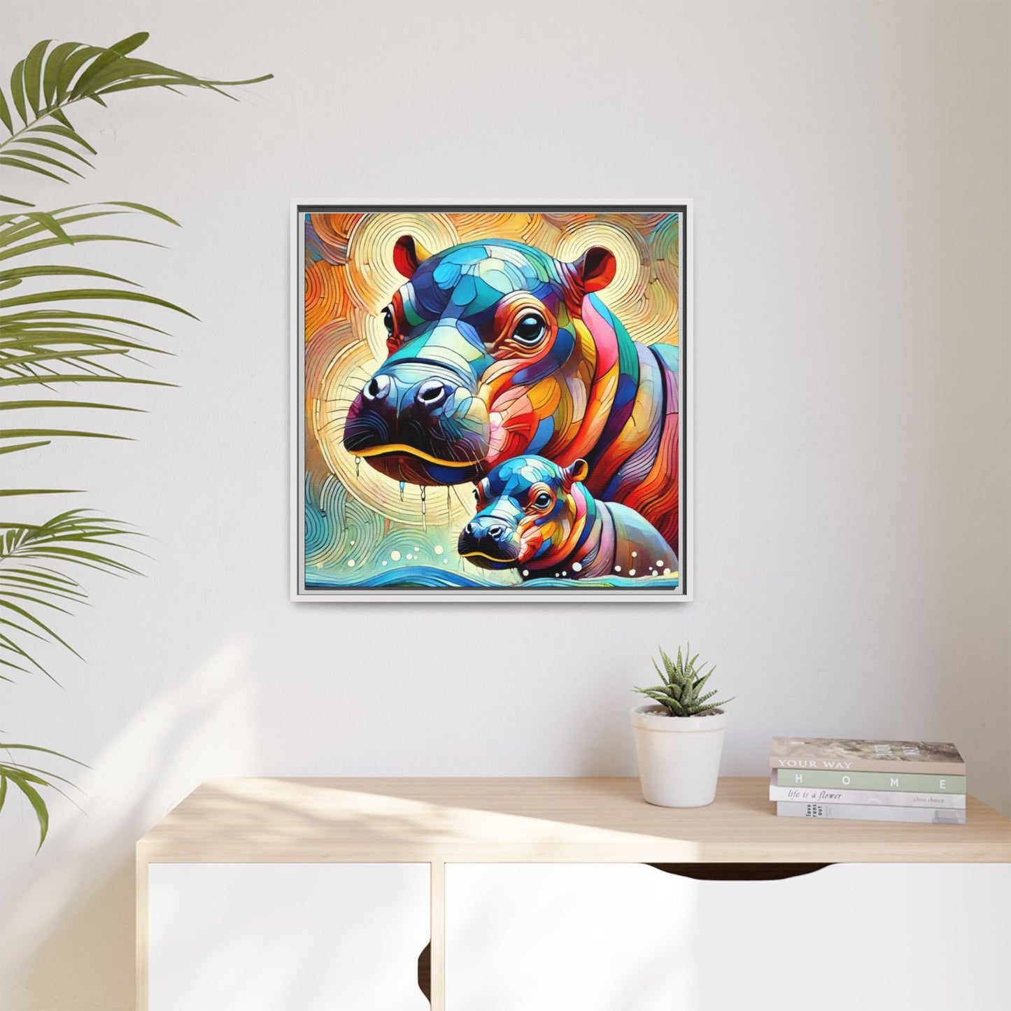 Modern Hippo Print Abstract Design Unique Framed Canvas Print Baby Hippo Wall Art Animal Lover Gift Nature Lover Decor 3 frame colors