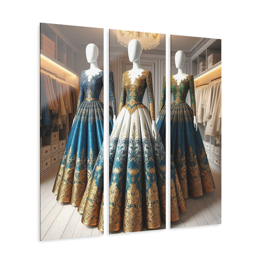 Fashion Formal Runway Damask Dress Design Triptych 3-Panel Acrylic Print Wall Art Unique Haute Couture Fashionista Vintage Style Decor