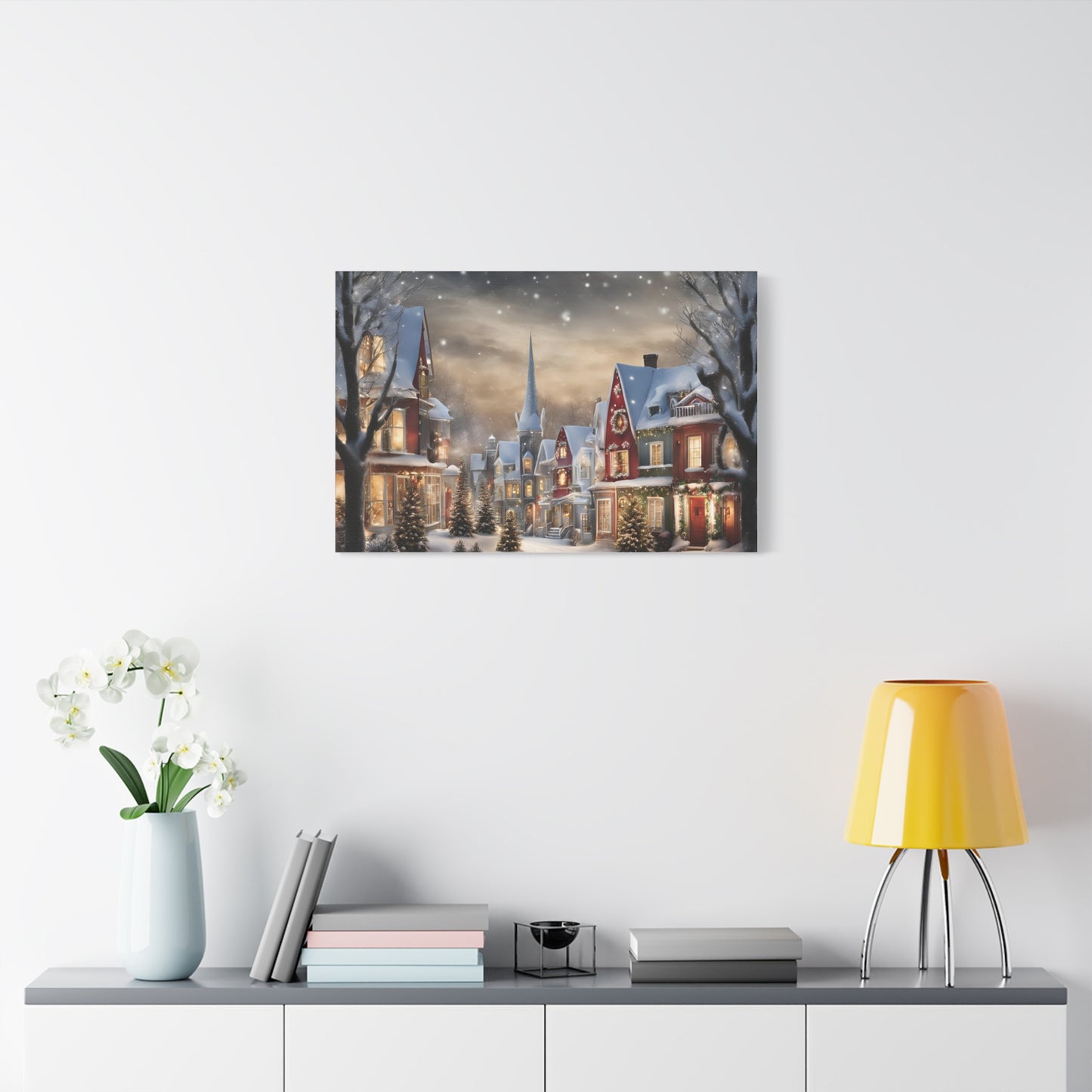 Country Town Winter Scene Print Wall Art | Matte Canvas, Stretched, 1.25" | Holiday Themed Gift