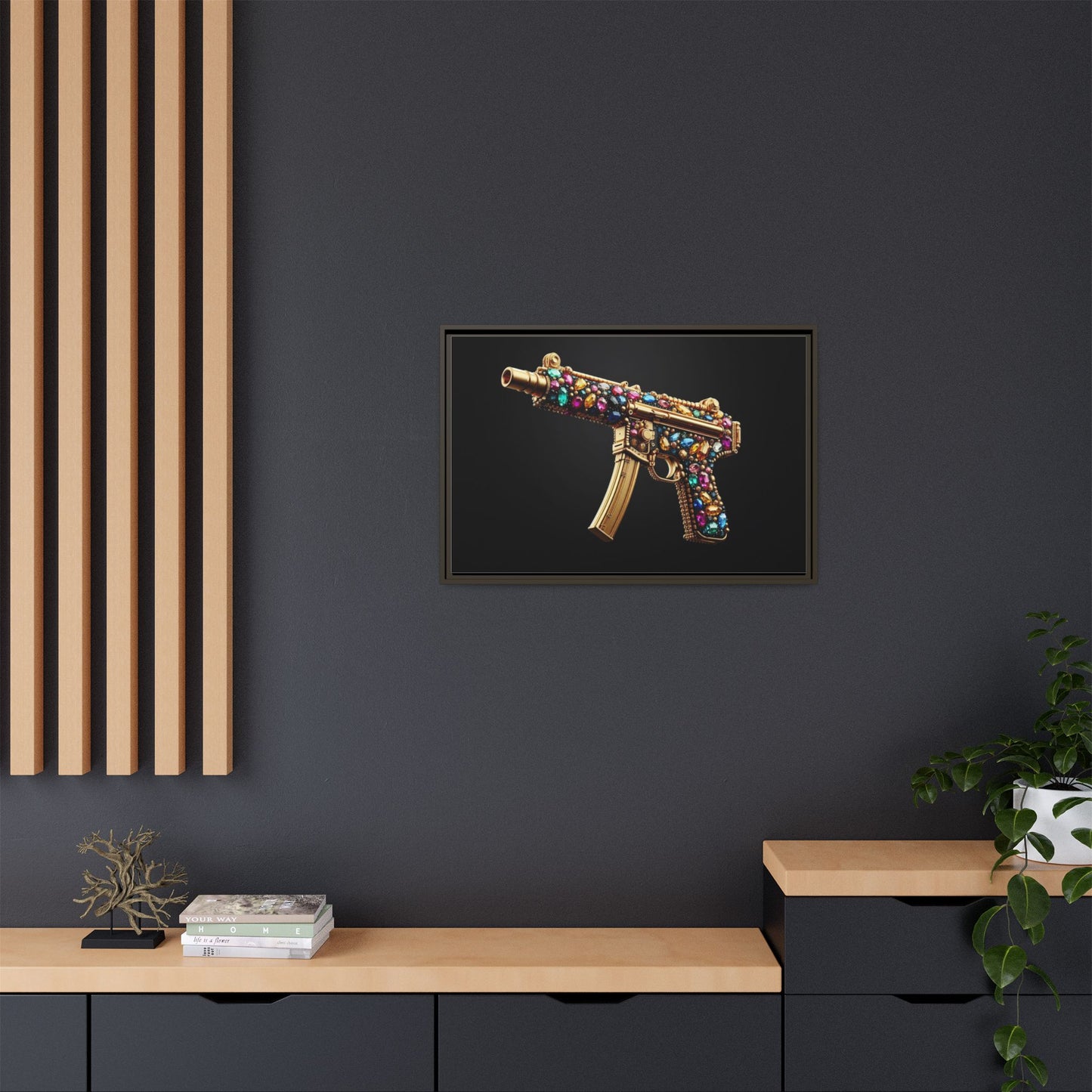 Bejeweled Machine Gun Print AI Design Unique Framed Canvas Print Wall Art Gun Lover Gift Edgy Glam Fantasy Weapon Decor 3 frame colors