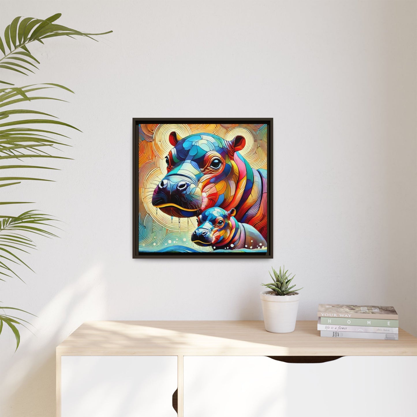 Modern Hippo Print Abstract Design Unique Framed Canvas Print Baby Hippo Wall Art Animal Lover Gift Nature Lover Decor 3 frame colors