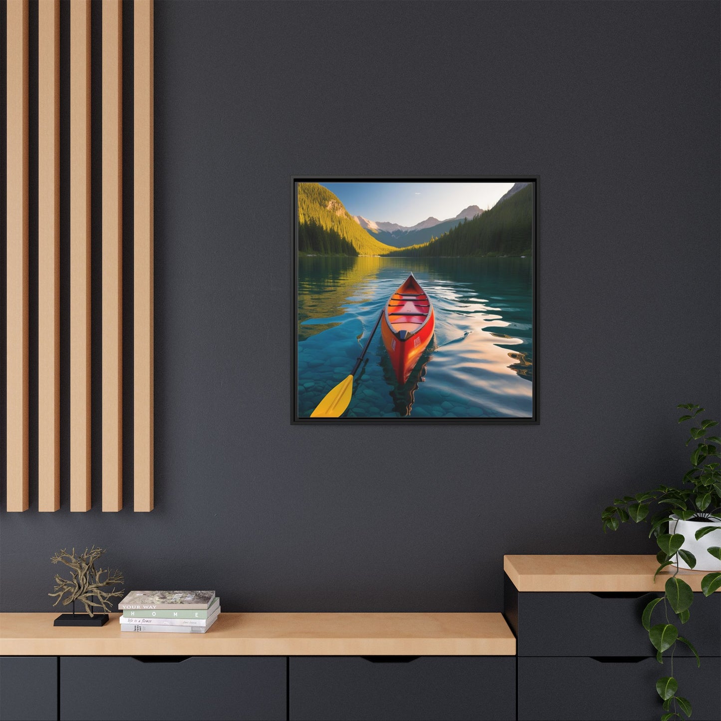 Canoe in the River Framed Canvas Wall Art Mountain Lover Outdoorsman Vacation Kayak Gift Nature Lover Peaceful Zen Gift 3 frame colors