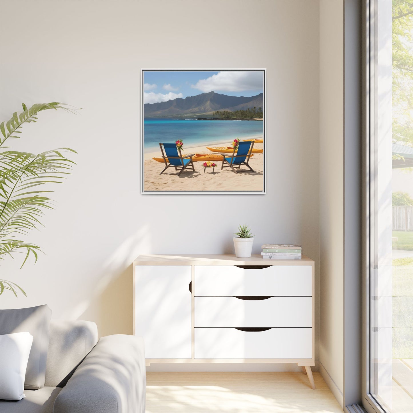 Chairs on the Beach Calm Sunny Day Framed Canvas Wall Art Beach Lover Vacation Oceanic Gift Nature Lover Peaceful Zen Gift 3 frame colors