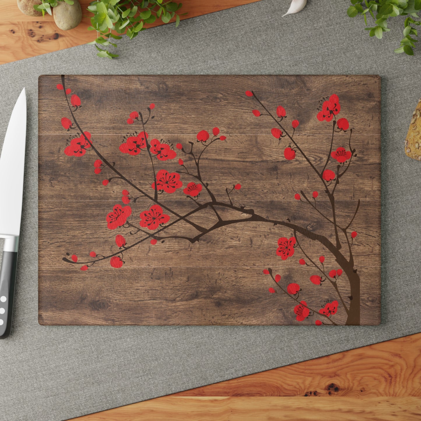 Kitchen Decor Glass Cutting Board Serving Tray with Plum Blossom Design Cutting Board Gift for Home Cook Fun Floral Charcuterie Board