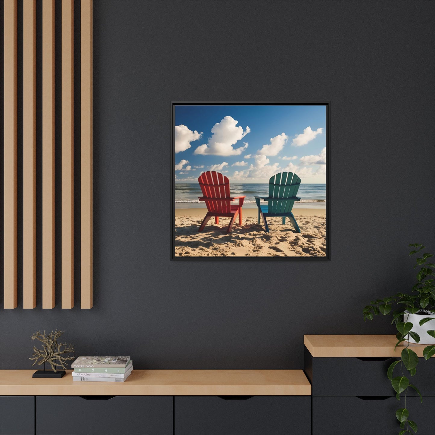 Chairs on the Beach Calm Sunny Day Framed Canvas Wall Art Beach Lover Vacation Oceanic Gift Nature Lover Peaceful Zen Gift 3 frame colors