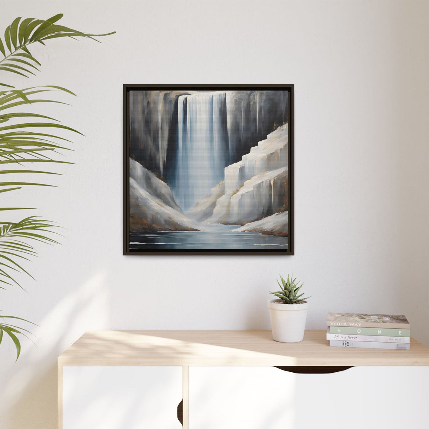 Modern Abstract Waterfall Design Unique Framed Canvas Wall Art Ocean Beach Gift Nature Lover Gift Mountain Landscape Gift 3 frame colors