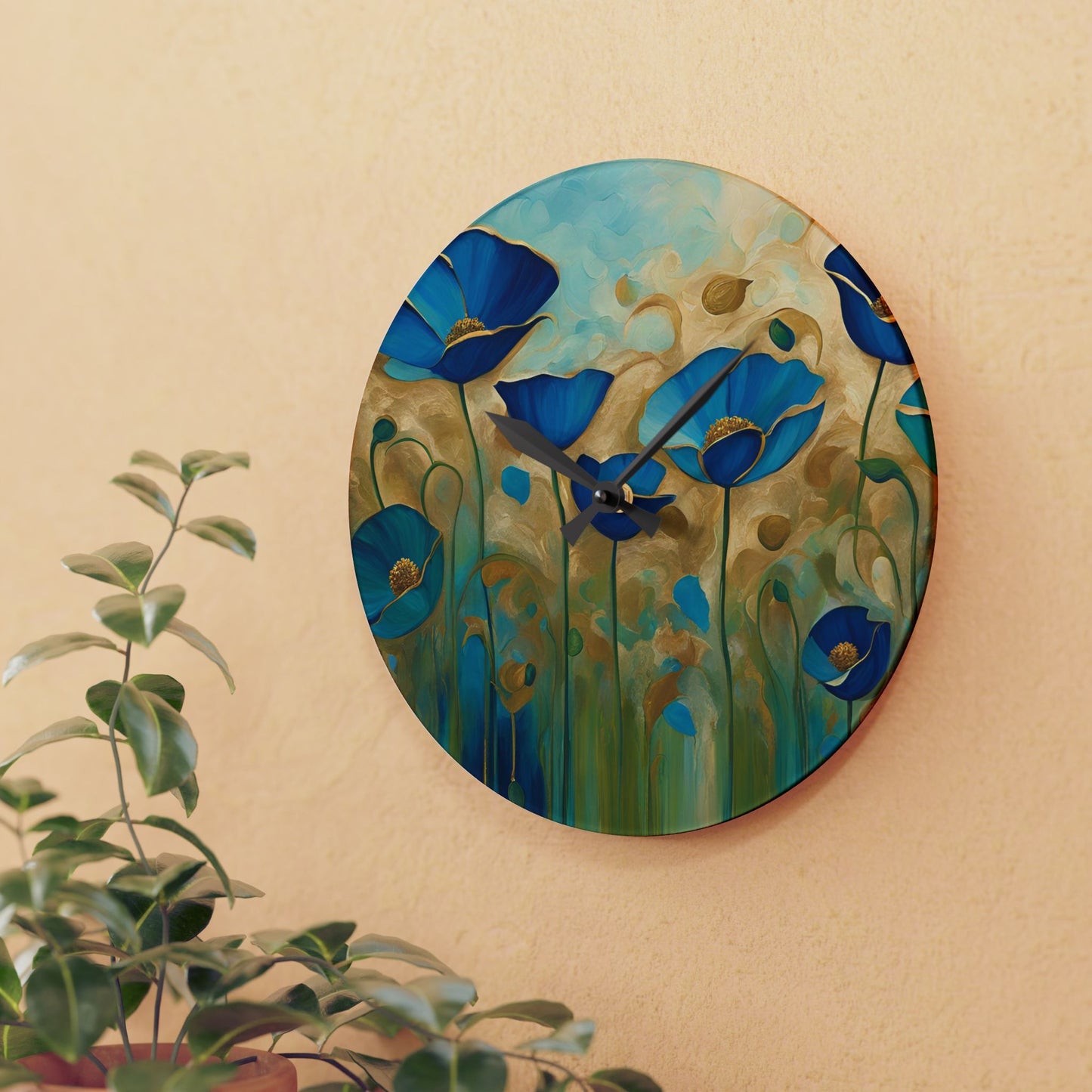 Floral Design Acrylic Clock Unique Colorful Wall Clock for Kitchen or Living Room Nature Lover Field of Flowers Gardener Gift