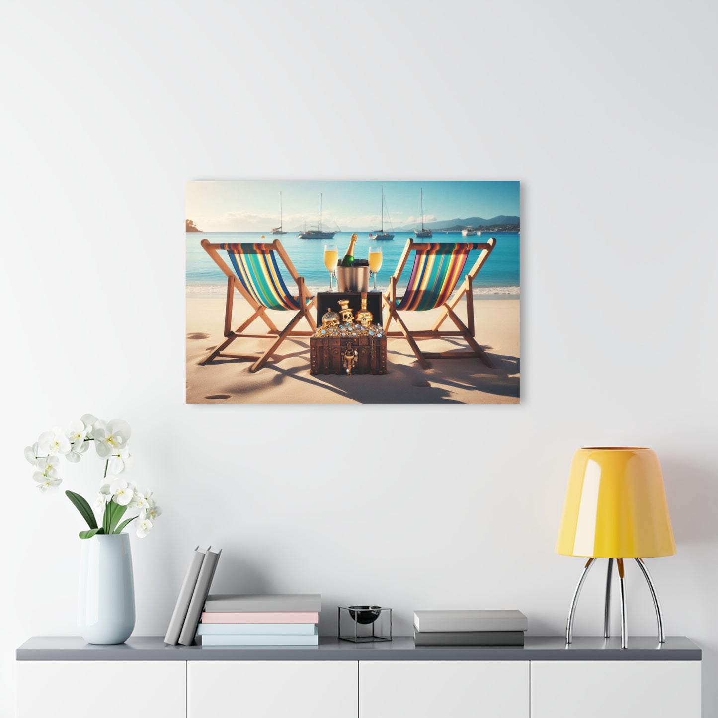 Chairs on the Beach with Pirate's Treasure Acrylic Print with Sailboats in the Ocean Lover Wall Art Beachy Gift Artwork Modern Home Decor