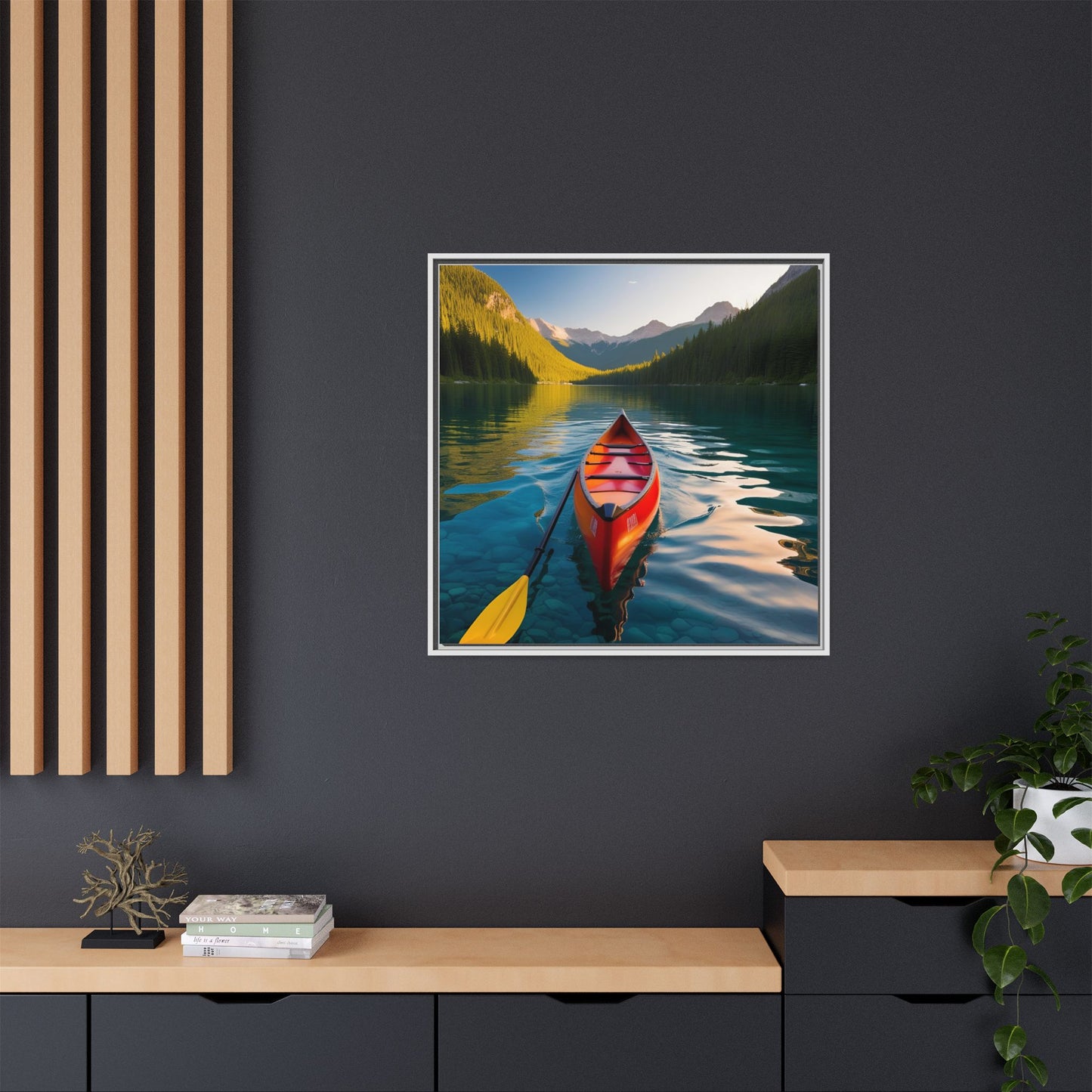 Canoe in the River Framed Canvas Wall Art Mountain Lover Outdoorsman Vacation Kayak Gift Nature Lover Peaceful Zen Gift 3 frame colors