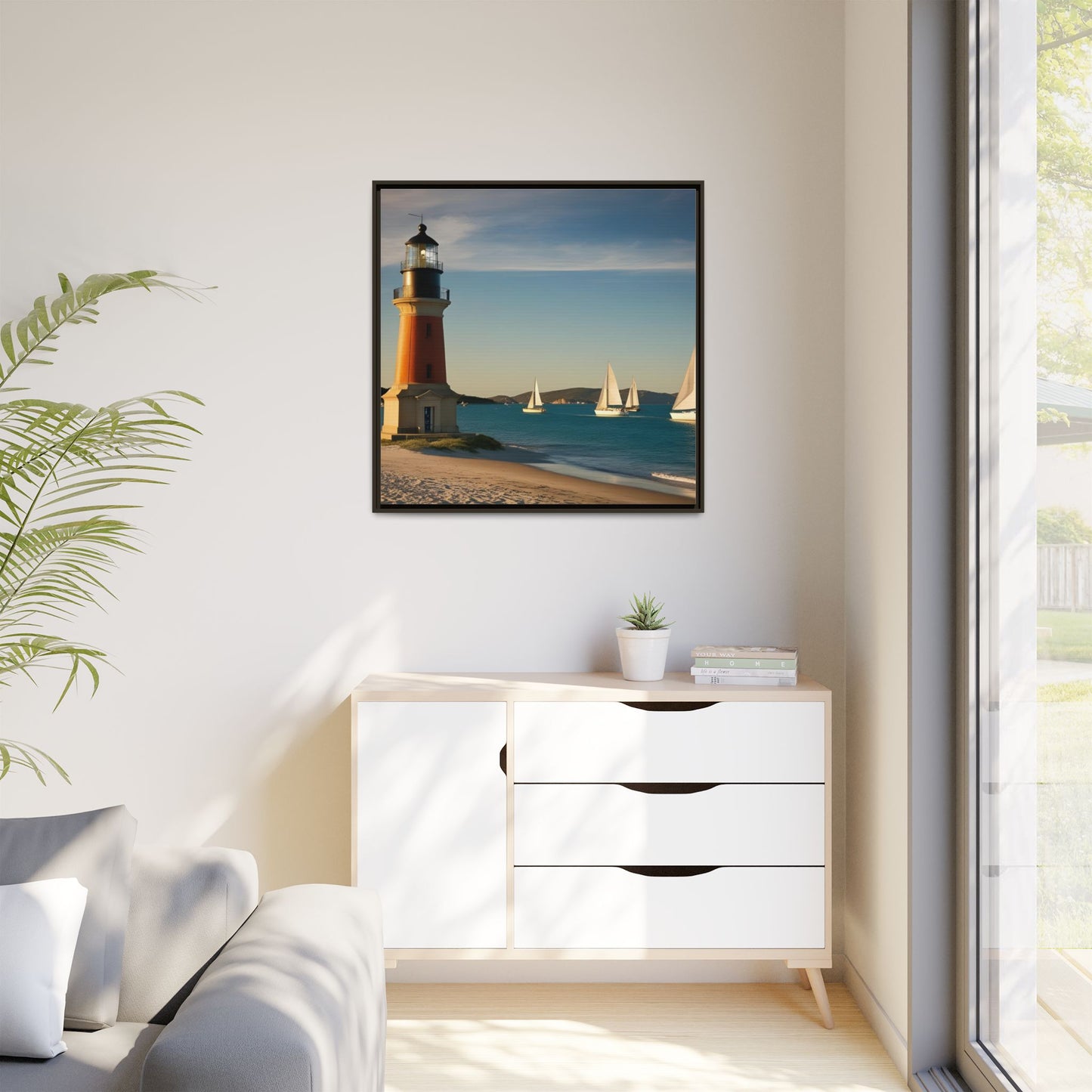 Lighthouse on the Beach Unique Framed Canvas Print Wall Art Nature Lover Gift Beachy Sailboats in the Ocean Vacation Decor 3 frame colors