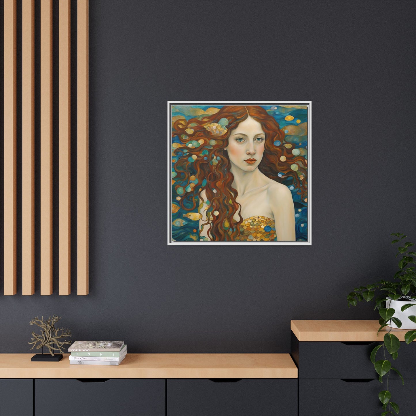 Modern Abstract Mermaid Design Unique Framed Canvas Oceanic Wall Art Underwater Gold Fish Anime Gift Nature Lover Gift 3 frame colors